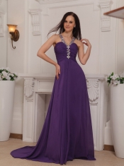 Purple Empire V-neck Brush Train Chiffon Beading and Ruch Prom / Pageant Dress