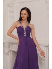 Purple Empire V-neck Brush Train Chiffon Beading and Ruch Prom / Pageant Dress