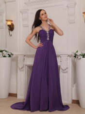 Purple Empire V-neck Brush Train Chiffon Beading and Ruch Prom / Pageant Dress