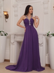 Purple Empire V-neck Brush Train Chiffon Beading and Ruch Prom / Pageant Dress