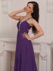 Purple Empire V-neck Brush Train Chiffon Beading and Ruch Prom / Pageant Dress