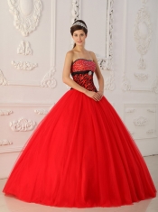 Red A-line / Princess Strapless Floor-length Tulle and Zebra Beading Quinceanera Dress