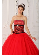 Red A-line / Princess Strapless Floor-length Tulle and Zebra Beading Quinceanera Dress