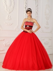 Red A-line / Princess Strapless Floor-length Tulle and Zebra Beading Quinceanera Dress