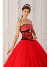 Red A-line / Princess Strapless Floor-length Tulle and Zebra Beading Quinceanera Dress