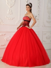 Red A-line / Princess Strapless Floor-length Tulle and Zebra Beading Quinceanera Dress