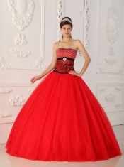 Red A-line / Princess Strapless Floor-length Tulle and Zebra Beading Quinceanera Dress