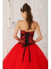 Red A-line / Princess Strapless Floor-length Tulle and Zebra Beading Quinceanera Dress