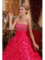 Red A-line Strapless Floor-length Fabric With Rolling Flowers Beading Quinceanera Dress
