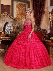Red A-line Strapless Floor-length Fabric With Rolling Flowers Beading Quinceanera Dress