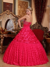 Red A-line Strapless Floor-length Fabric With Rolling Flowers Beading Quinceanera Dress