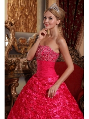 Red A-line Strapless Floor-length Fabric With Rolling Flowers Beading Quinceanera Dress