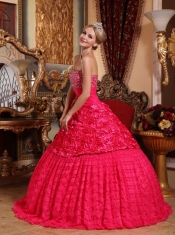Red A-line Strapless Floor-length Fabric With Rolling Flowers Beading Quinceanera Dress