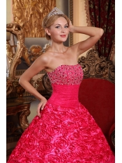 Red A-line Strapless Floor-length Fabric With Rolling Flowers Beading Quinceanera Dress