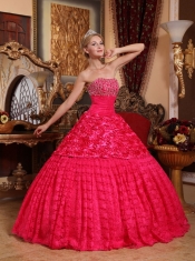 Red A-line Strapless Floor-length Fabric With Rolling Flowers Beading Quinceanera Dress
