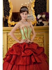 Red and Apple Green Ball Gown Strapless Floor-length Appliques Taffeta Quinceanera Dress