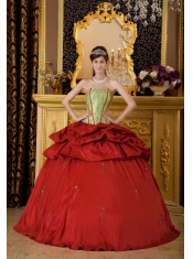 Red and Apple Green Ball Gown Strapless Floor-length Appliques Taffeta Quinceanera Dress