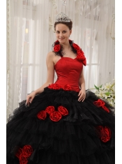 Red and Black Ball Gown Halter Floor-length Taffeta and Organza Hand Made Flowers Quinceanera Dress