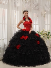 Red and Black Ball Gown Halter Floor-length Taffeta and Organza Hand Made Flowers Quinceanera Dress