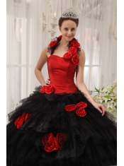 Red and Black Ball Gown Halter Floor-length Taffeta and Organza Hand Made Flowers Quinceanera Dress