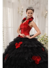 Red and Black Ball Gown Halter Floor-length Taffeta and Organza Hand Made Flowers Quinceanera Dress