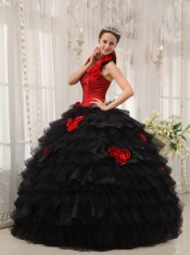 Red and Black Ball Gown Halter Floor-length Taffeta and Organza Hand Made Flowers Quinceanera Dress