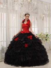 Red and Black Ball Gown Halter Floor-length Taffeta and Organza Hand Made Flowers Quinceanera Dress