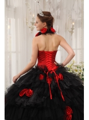 Red and Black Ball Gown Halter Floor-length Taffeta and Organza Hand Made Flowers Quinceanera Dress