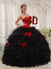 Red and Black Ball Gown Halter Floor-length Taffeta and Organza Hand Made Flowers Quinceanera Dress