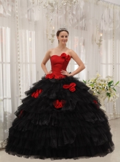 Red and Black Ball Gown Halter Floor-length Taffeta and Organza Hand Made Flowers Quinceanera Dress