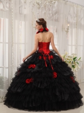 Red and Black Ball Gown Halter Floor-length Taffeta and Organza Hand Made Flowers Quinceanera Dress