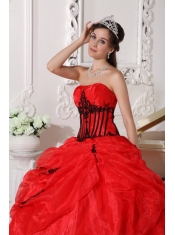 Red and Black Ball Gown Strapless Floor-length Appliques Organza Quinceanera Dress