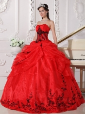 Red and Black Ball Gown Strapless Floor-length Appliques Organza Quinceanera Dress