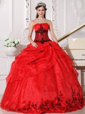 Red and Black Ball Gown Strapless Floor-length Appliques Organza Quinceanera Dress