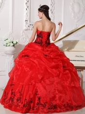 Red and Black Ball Gown Strapless Floor-length Appliques Organza Quinceanera Dress