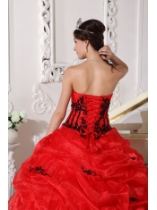 Red and Black Ball Gown Strapless Floor-length Appliques Organza Quinceanera Dress