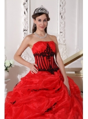 Red and Black Ball Gown Strapless Floor-length Appliques Organza Quinceanera Dress