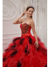 Red and Black Ball Gown Sweetheart Floor-length Orangza Beading and Ruch Quinceanera Dress