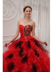 Red and Black Ball Gown Sweetheart Floor-length Orangza Beading and Ruch Quinceanera Dress