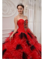 Red and Black Ball Gown Sweetheart Floor-length Orangza Beading and Ruch Quinceanera Dress