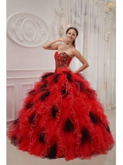 Red and Black Ball Gown Sweetheart Floor-length Orangza Beading and Ruch Quinceanera Dress