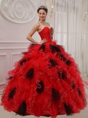 Red and Black Ball Gown Sweetheart Floor-length Orangza Beading and Ruch Quinceanera Dress