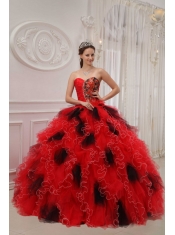 Red and Black Ball Gown Sweetheart Floor-length Orangza Beading and Ruch Quinceanera Dress
