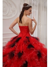Red and Black Ball Gown Sweetheart Floor-length Orangza Beading and Ruch Quinceanera Dress