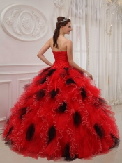 Red and Black Ball Gown Sweetheart Floor-length Orangza Beading and Ruch Quinceanera Dress