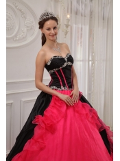 Red and Black Ball Gown Sweetheart Floor-length   Satin and Organza Appliques Quinceanera Dress