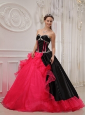 Red and Black Ball Gown Sweetheart Floor-length   Satin and Organza Appliques Quinceanera Dress