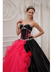 Red and Black Ball Gown Sweetheart Floor-length   Satin and Organza Appliques Quinceanera Dress