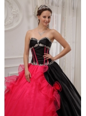 Red and Black Ball Gown Sweetheart Floor-length   Satin and Organza Appliques Quinceanera Dress