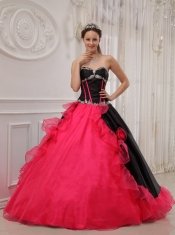 Red and Black Ball Gown Sweetheart Floor-length   Satin and Organza Appliques Quinceanera Dress